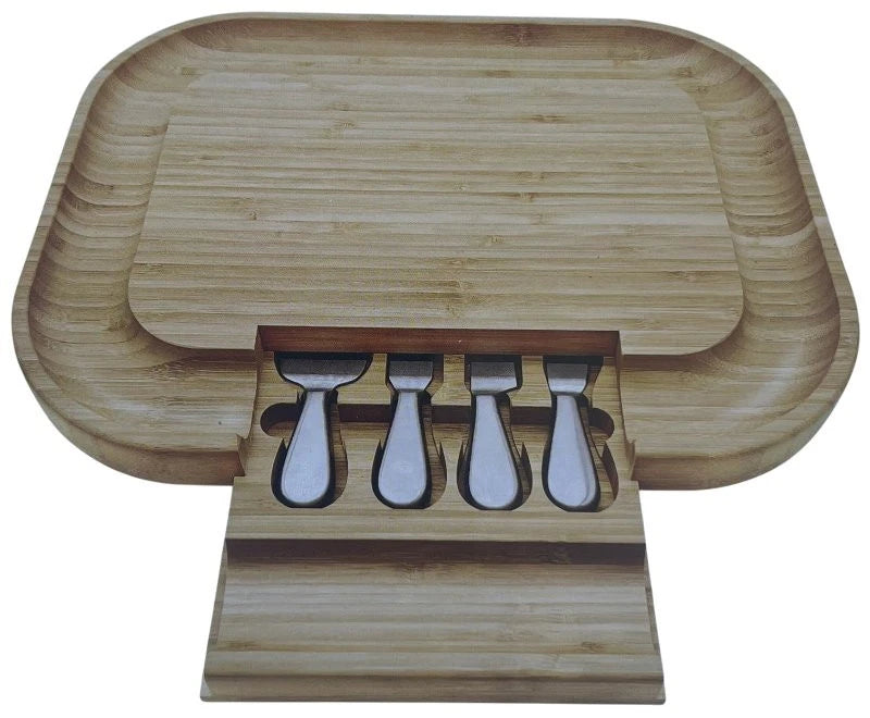 Carrara Bamboo Cheese Board with 4 Stainless Steel Serving Knives (43 x 33 cm) - LemonSalt