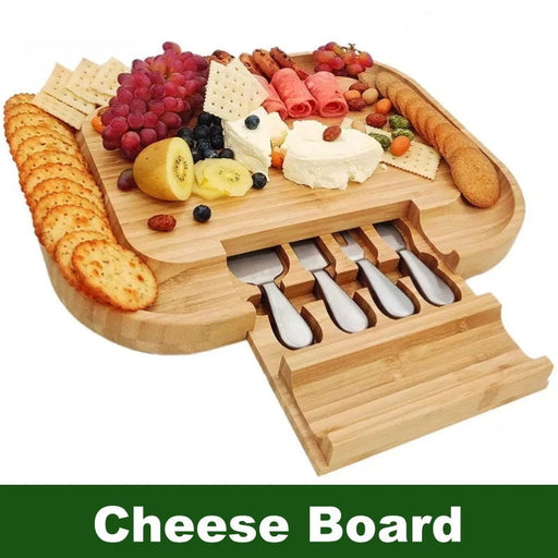 Carrara Bamboo Cheese Board with 4 Stainless Steel Serving Knives (43 x 33 cm) - LemonSalt