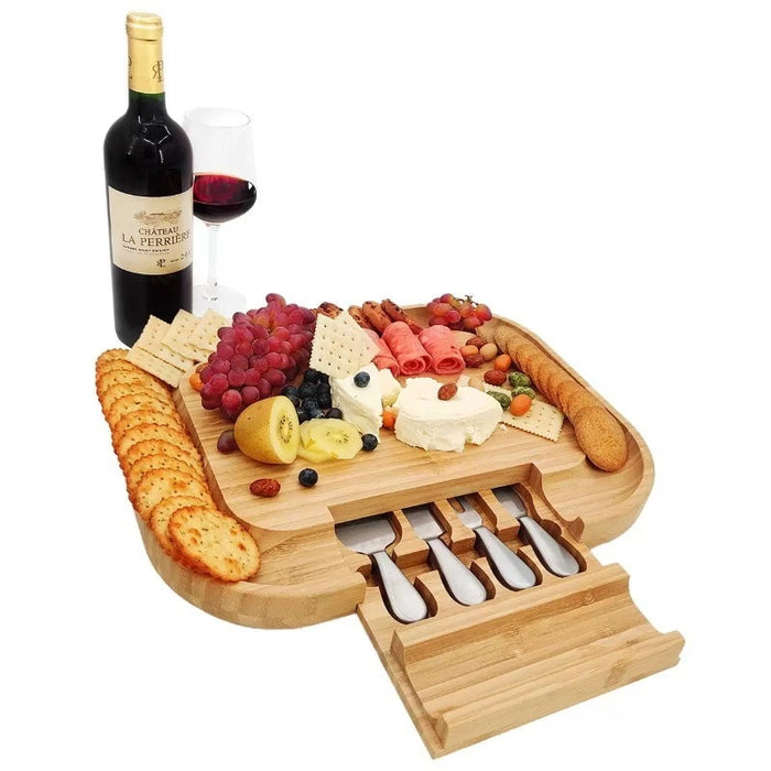 Carrara Bamboo Cheese Board with 4 Stainless Steel Serving Knives (43 x 33 cm) - LemonSalt