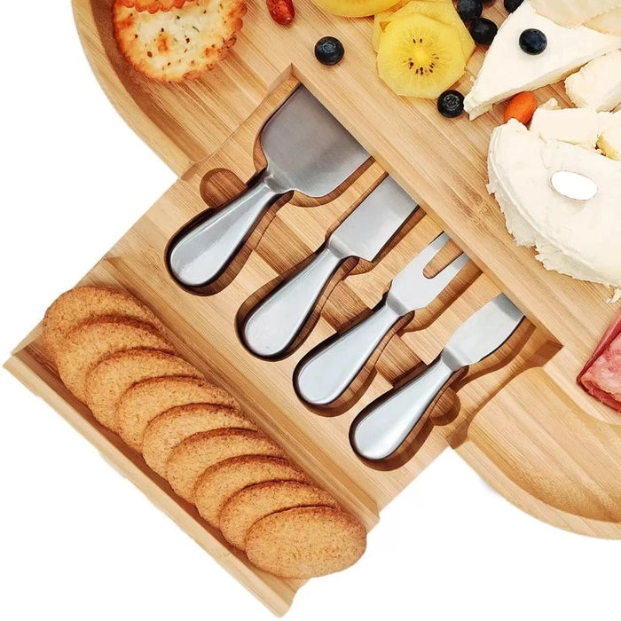 Carrara Bamboo Cheese Board with 4 Stainless Steel Serving Knives (43 x 33 cm) - LemonSalt