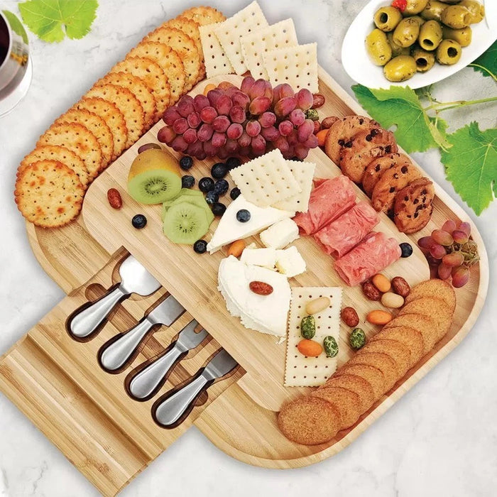 Carrara Bamboo Cheese Board with 4 Stainless Steel Serving Knives (43 x 33 cm) - LemonSalt