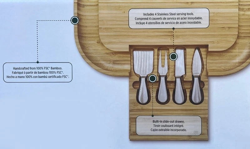 Carrara Bamboo Cheese Board with 4 Stainless Steel Serving Knives (43 x 33 cm) - LemonSalt