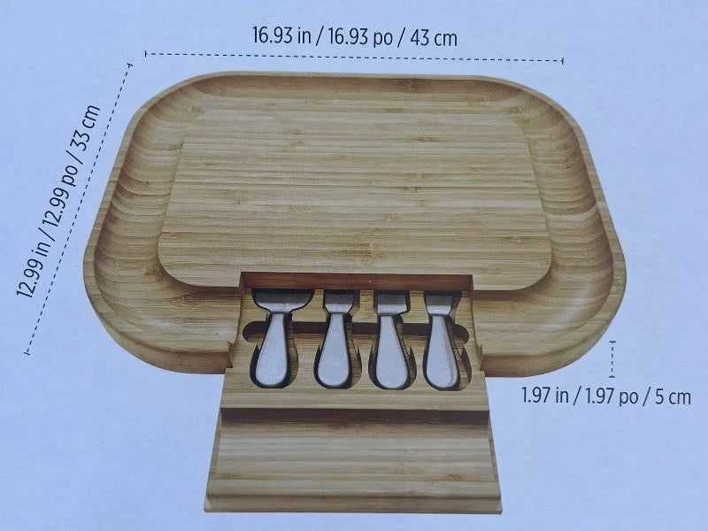 Carrara Bamboo Cheese Board with 4 Stainless Steel Serving Knives (43 x 33 cm) - LemonSalt