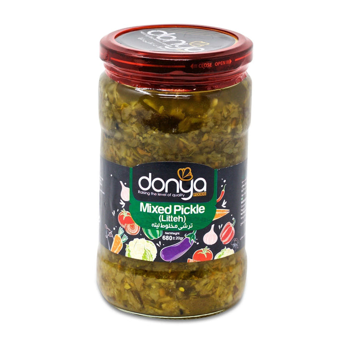 Jar of Donya Foods mixed pickle Lititeh 680g with illustrated vegetables on label
