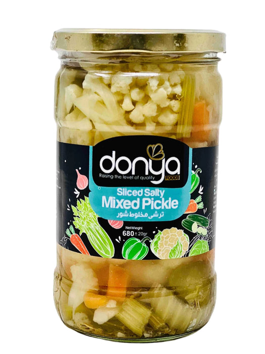 Jar of sliced salty mixed pickles with cauliflower, carrots, and celery, 680g