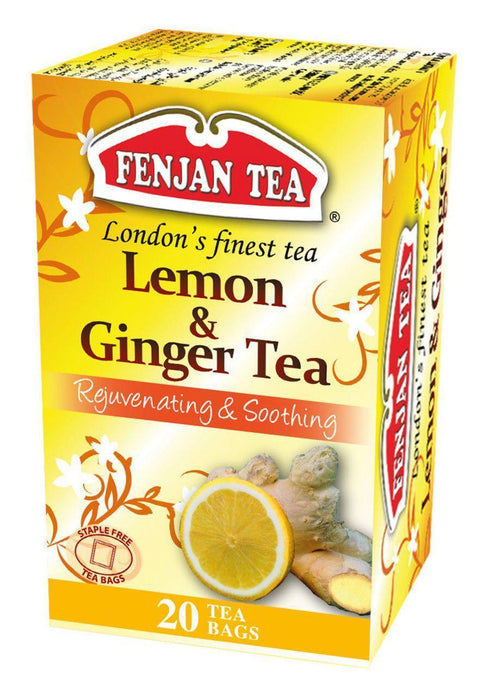 Box of lemon and ginger tea bags with lemon slice and ginger root on yellow packaging