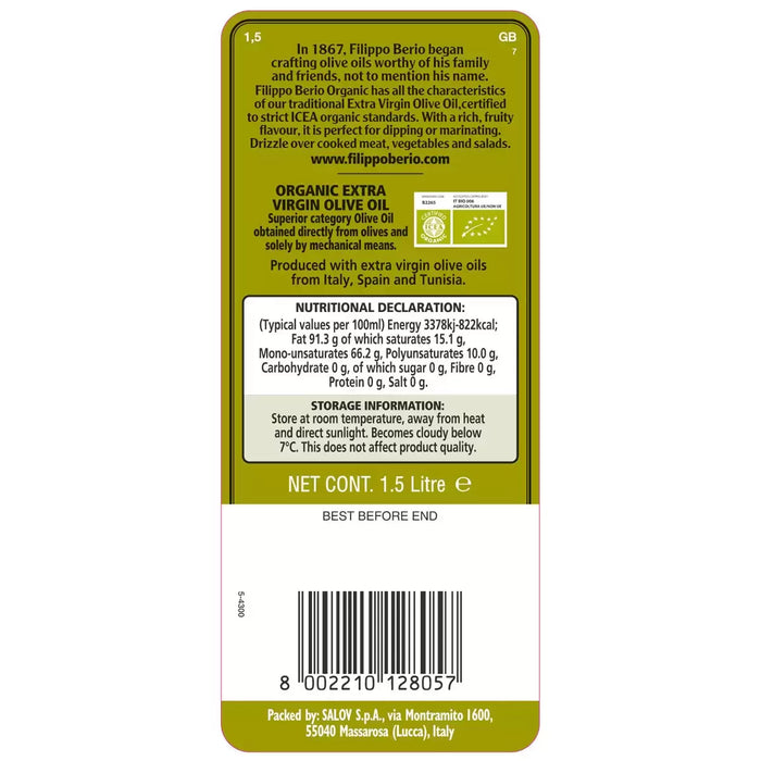 Filippo Berio Organic Extra Virgin Olive Oil (1.5L)