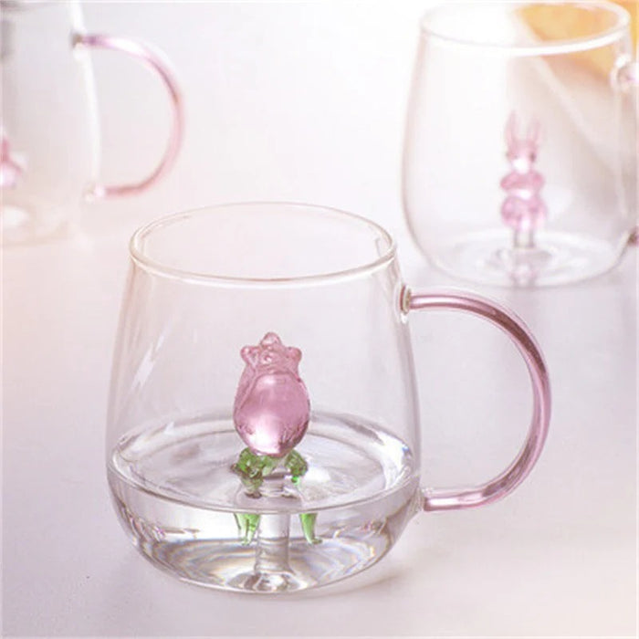 Animal Shape Glass Cup - Cute 3D Handle Mug (Rose)