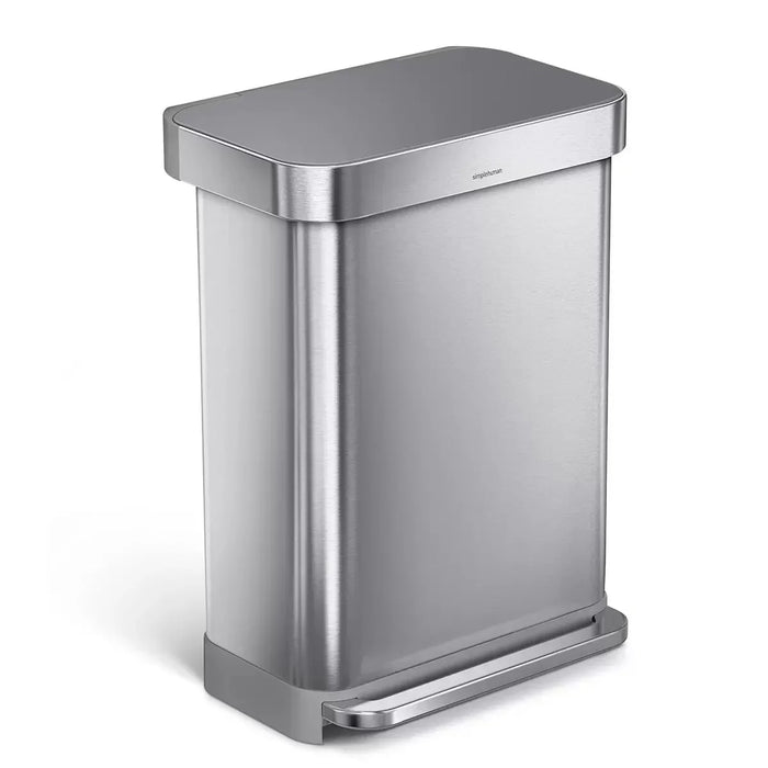 Simplehuman Rectangular Step Can Bin in Brushed Stainless Steel with Grey Plastic Lid (55L)