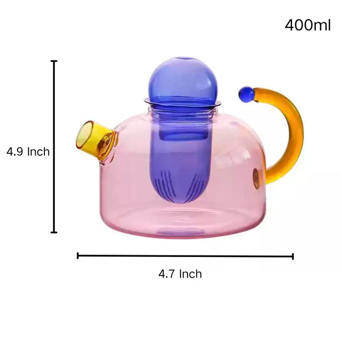 Contrasting Colored Glass Teapot - Pink with Blue Strainer