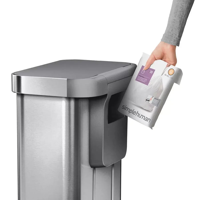 Simplehuman Rectangular Step Can Bin in Brushed Stainless Steel with Grey Plastic Lid (55L)