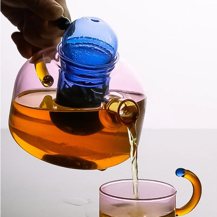 Contrasting Colored Glass Teapot - Pink with Blue Strainer