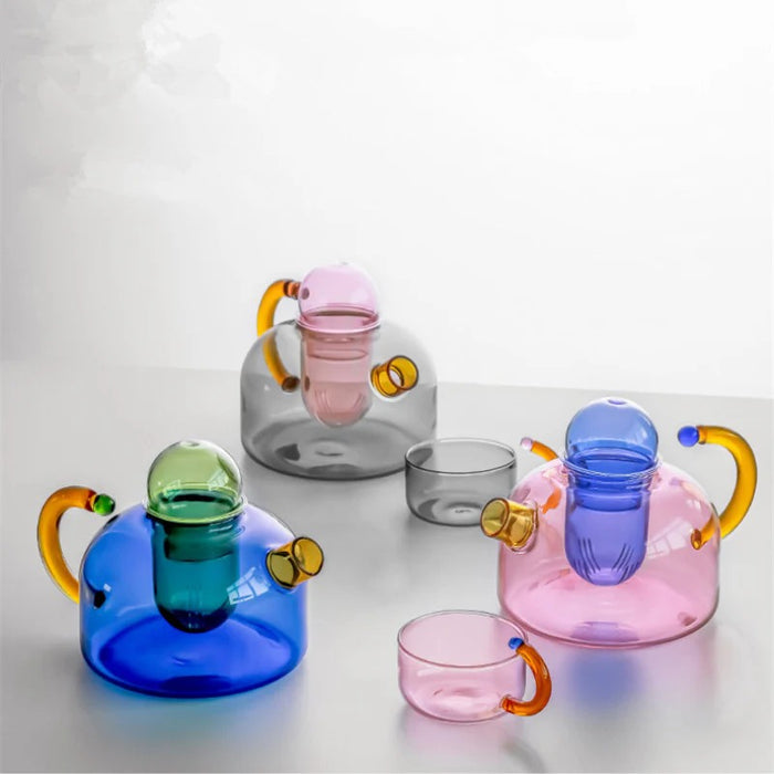Contrasting Colored Glass Teapot - Pink with Blue Strainer