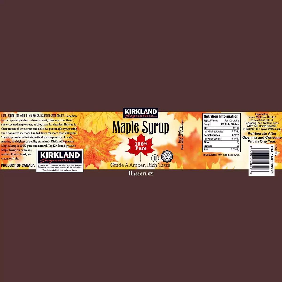 Kirkland Signature 100% Pure Grade A Amber Maple Syrup (1l)