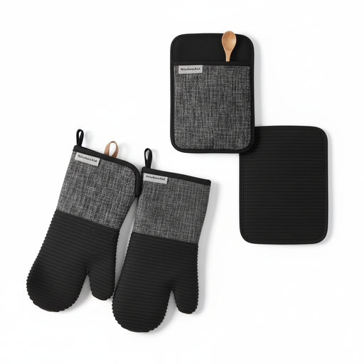 KitchenAid 4 Piece Oven Mitt & Pot Holder Set - Black - LemonSalt