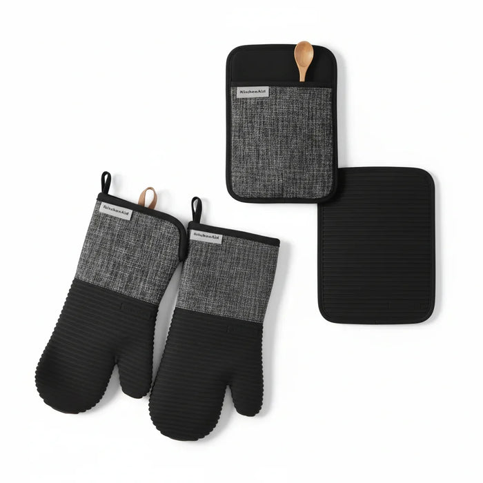 KitchenAid 4 Piece Oven Mitt & Pot Holder Set - Black - LemonSalt