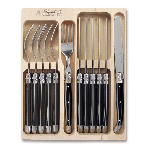 Laguiole French Style 12 Piece Knife & Fork Set In Wooden Tray - Black | {{ collection.title }}
