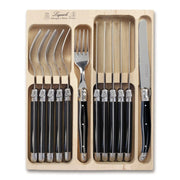 Laguiole French Style 12 Piece Knife & Fork Set In Wooden Tray - Black