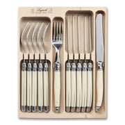 Laguiole French Style 12 Piece Knife & Fork Set In Wooden Tray - Ivory
