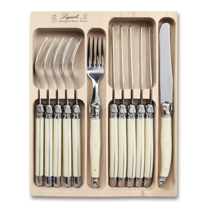 Laguiole French Style 12 Piece Knife & Fork Set In Wooden Tray - Ivory