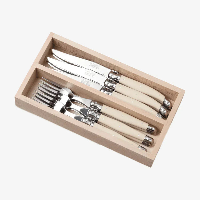 Laguiole French Style 12 Piece Knife & Fork Set In Wooden Tray - Ivory