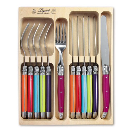 Laguiole French Style 12 Piece Knife & Fork Set In Wooden Tray - Multicolour | {{ collection.title }}