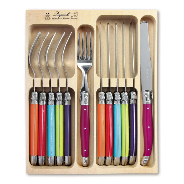 Laguiole French Style 12 Piece Knife & Fork Set In Wooden Tray - Multicolour