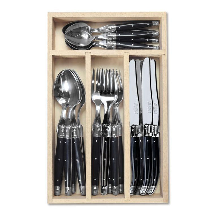 Laguiole French Style Set Of 24 Piece Fine Dining Cutlery Set In Wooden Tray - Black