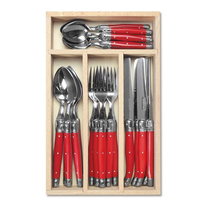 Laguiole French Style Set Of 24 Piece Fine Dining Cutlery Set In Wooden Tray - Red