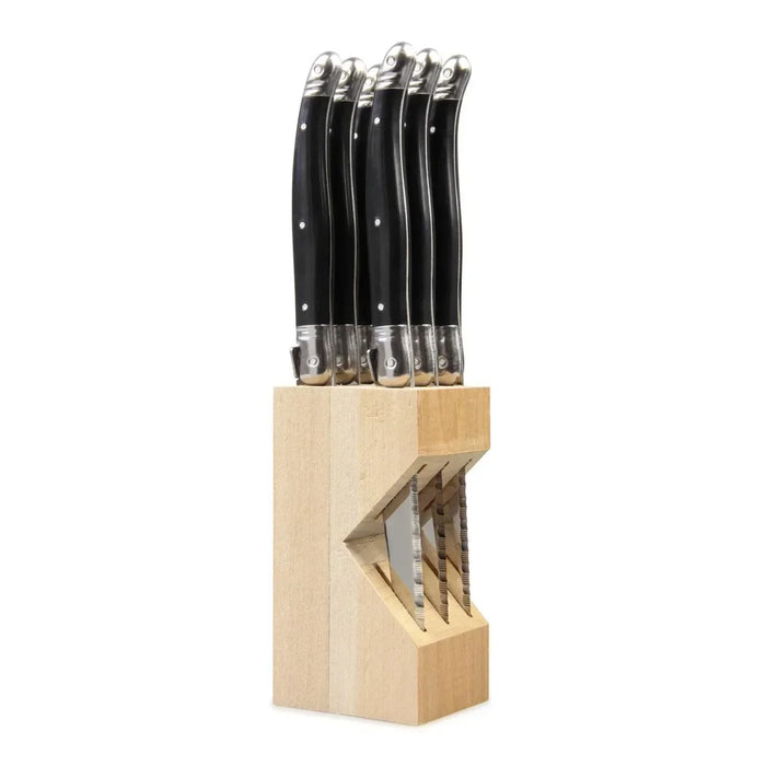 Laguiole French Style Set of 6 Fine Dining Steak Knife In Block - Black - LemonSalt