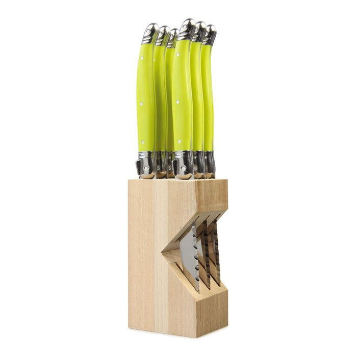 Laguiole French Style Set of 6 Fine Dining Steak Knife In Block - Lime - LemonSalt