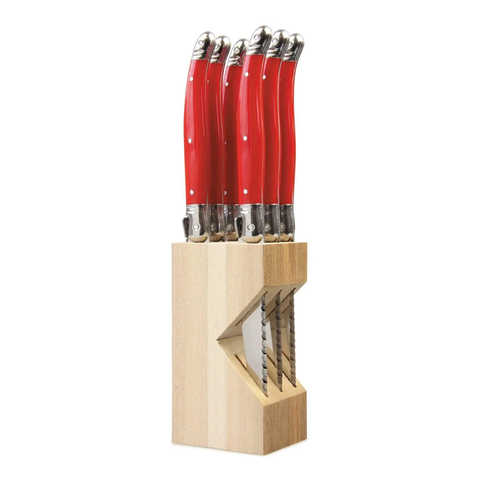 Laguiole French Style Set of 6 Fine Dining Steak Knife In Block - Red