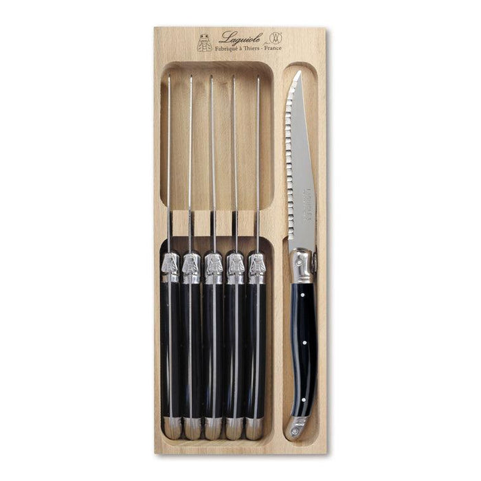 Laguiole French Style Set of 6 Fine Dining Steak Knife In Tray - Black | {{ collection.title }}