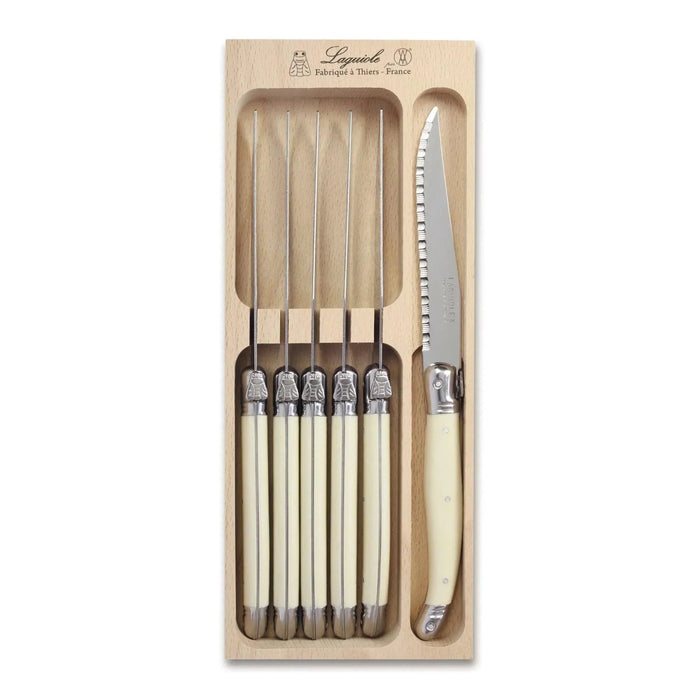 Laguiole French Style Set of 6 Fine Dining Steak Knife In Tray - Ivory White