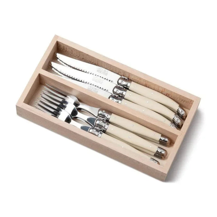 Laguiole Steak Knife & Fork Set of 12 in a Tray - Ivory