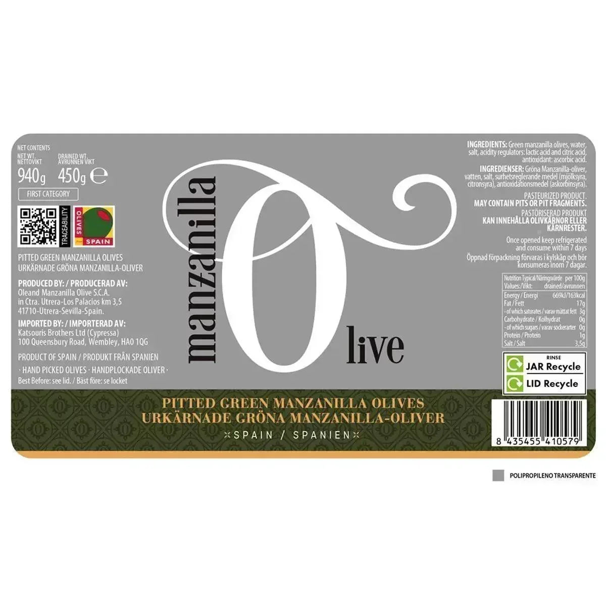 Manzanilla Olive Co. Pitted Green Manzanilla Olives (940g) - LemonSalt