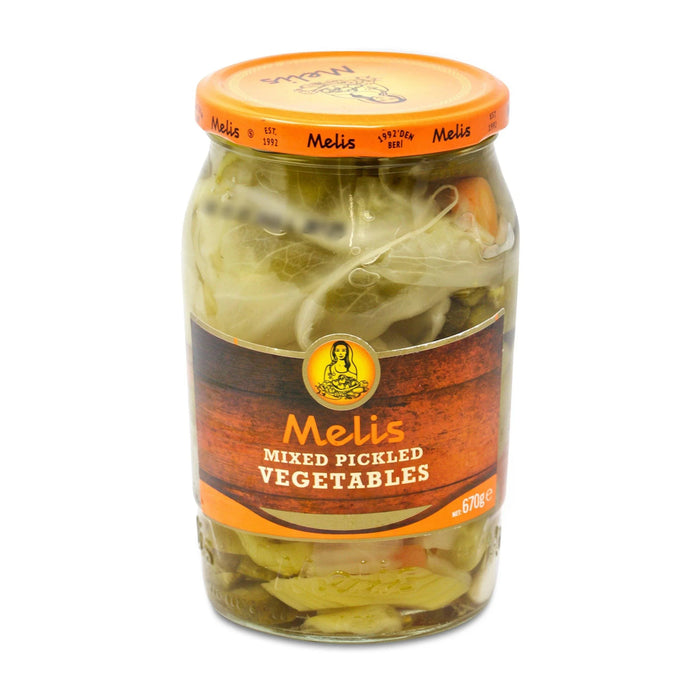 Jar of Melis mixed pickled vegetables, 670g, with visible assorted pickles and orange label