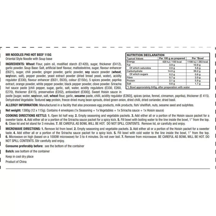 Mr Noodles Pho Hot Beef Noodle Soup (12x115g) - LemonSalt