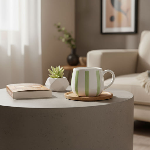 Nordic Style Ceramic Coffee Mug with Irregular Rim – Sage Stripe - LemonSalt