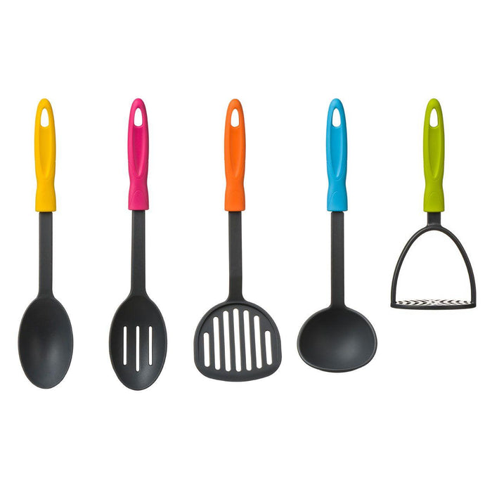Premier Housewares Kyoto 5pc Grey Nylon Kitchen Tool Set with Grey Stand/Multi Colour Handles | {{ collection.title }}