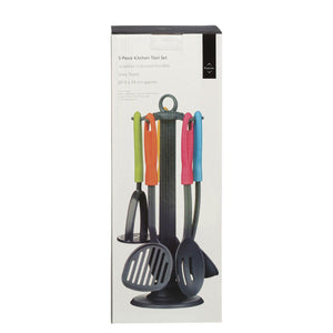 Premier Housewares Kyoto 5pc Grey Nylon Kitchen Tool Set with Grey Stand/Multi Colour Handles | {{ collection.title }}