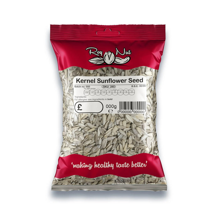 Bag of kernel sunflower seeds with red and clear packaging, front product view