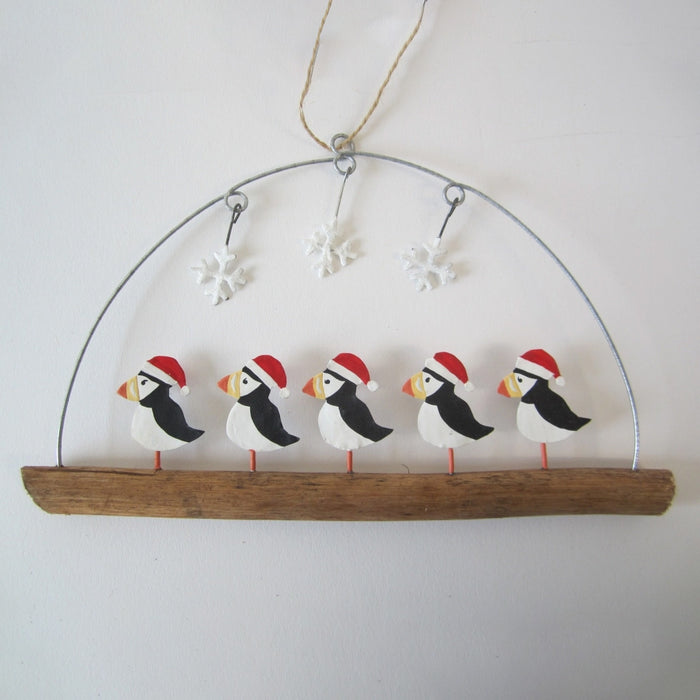 Shoeless Joe Puffins in hats on twig Tree Decoration - LemonSalt