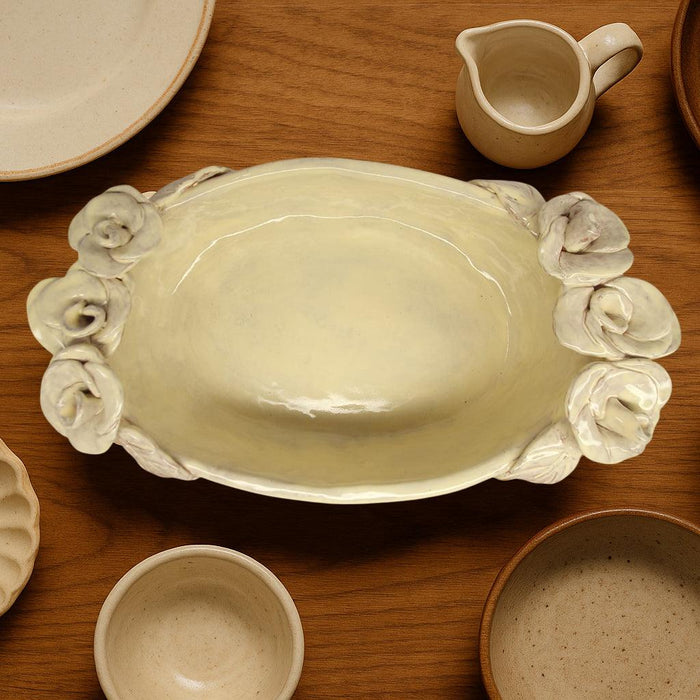 Tara Rose-Adorned Oval Ceramic Dish (27cm) - LemonSalt