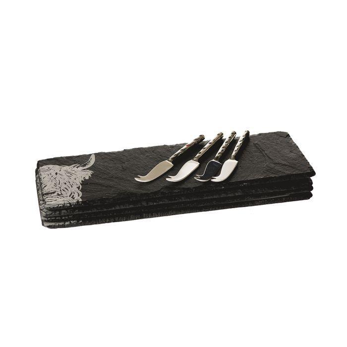 The Just Slate Company 4 Mini Slate Cheese Board & Knife Sets - Highland Cow