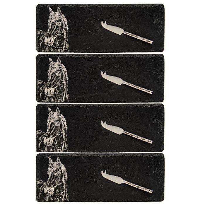 The Just Slate Company 4 Mini Slate Cheese Board & Knives - Horse Portrait