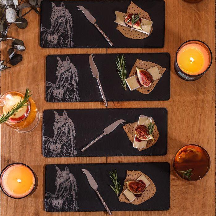 The Just Slate Company 4 Mini Slate Cheese Board & Knives - Horse Portrait