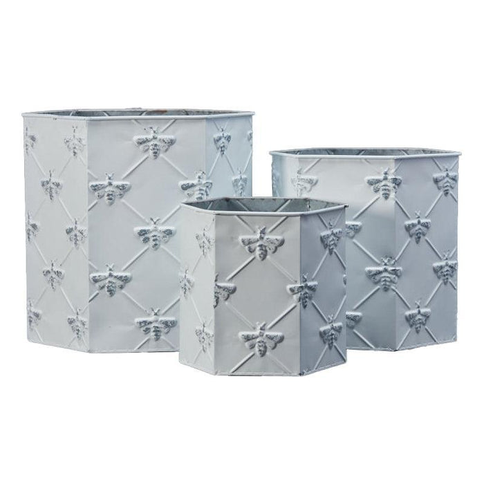 The Satchville Gift Co. - Set of Three White Hexagonal Zinc Bee Planters