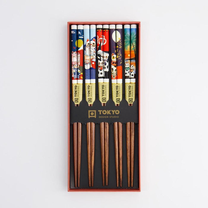 Tokyo Design Studio Chopstick Giftset - Lucky Cat Cartoon (5 Pairs) - LemonSalt