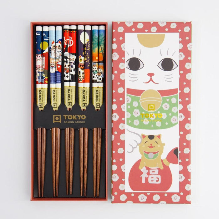 Tokyo Design Studio Chopstick Giftset - Lucky Cat Cartoon (5 Pairs) - LemonSalt